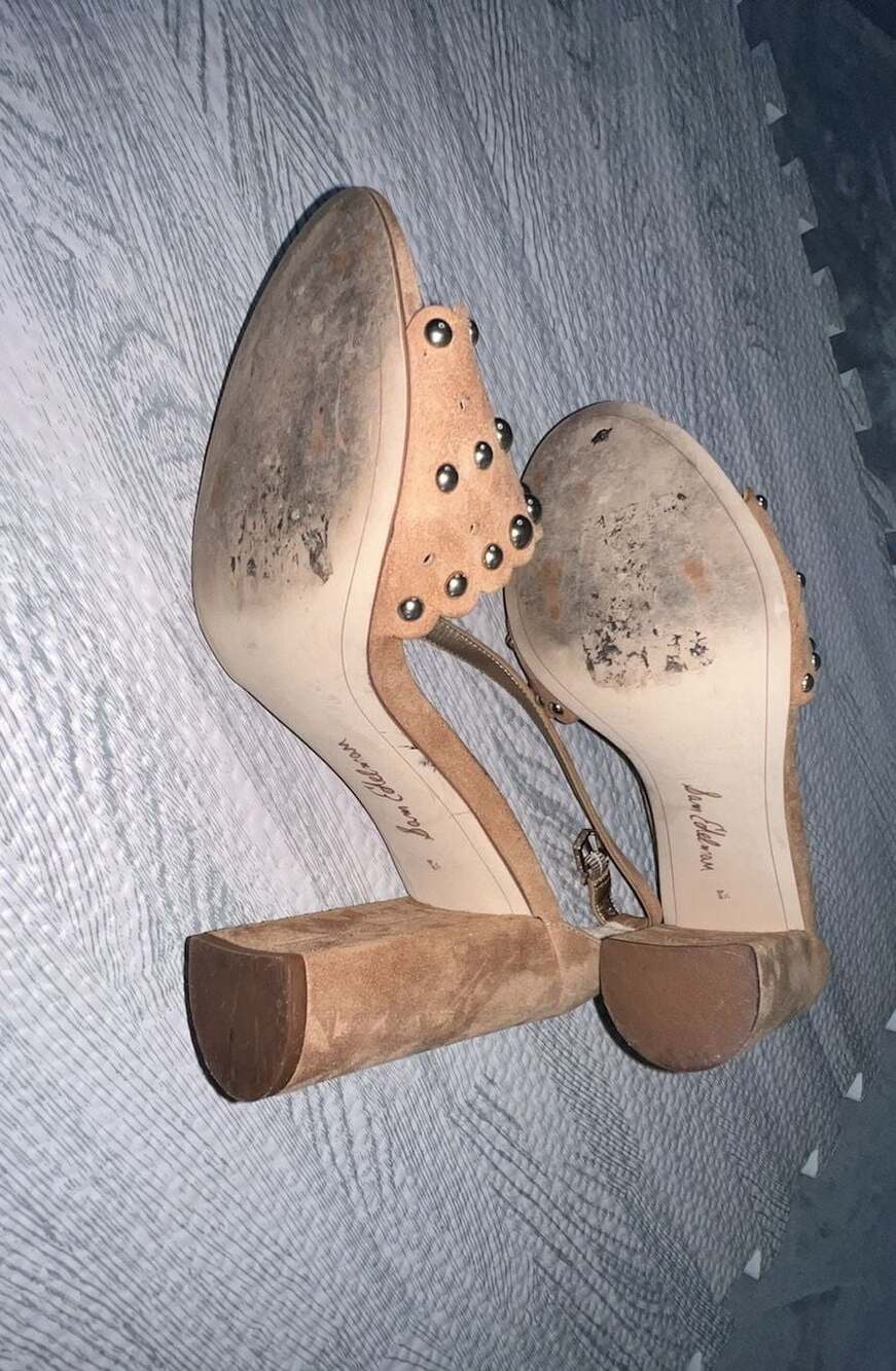 Sam Edelman Yaria Tan Suede Studded Scalloped Heeled Sandals - Picture 6 of 7
